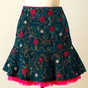 Kathryn Dianos Teal Velvet Embroidered Skirt Size 10